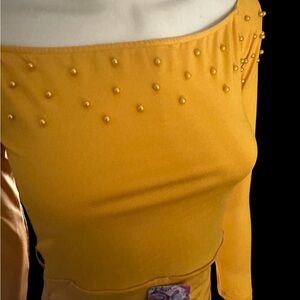 Yellow Long Sleeve bodycon dress with pearl beaded details